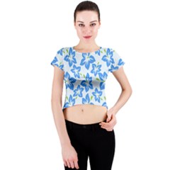 Hibiscus Flowers Seamless Blue Crew Neck Crop Top by Mariart