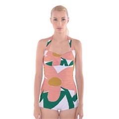 Peach Sunflower Flower Pink Green Boyleg Halter Swimsuit  by Mariart