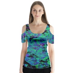 Blue And Green Tiles On Black Background Butterfly Sleeve Cutout Tee 