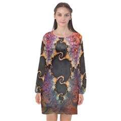 The Eye Of Julia, A Rainbow Fractal Paint Swirl Long Sleeve Chiffon Shift Dress  by jayaprime