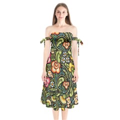 Bohemia Floral Pattern Shoulder Tie Bardot Midi Dress by BangZart