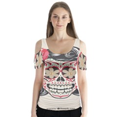 Woman Sugar Skull Butterfly Sleeve Cutout Tee 