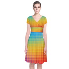 Blurred Color Pixels Short Sleeve Front Wrap Dress by BangZart