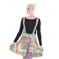 A Village Drawn In A Doodle Style Suspender Skater Skirt