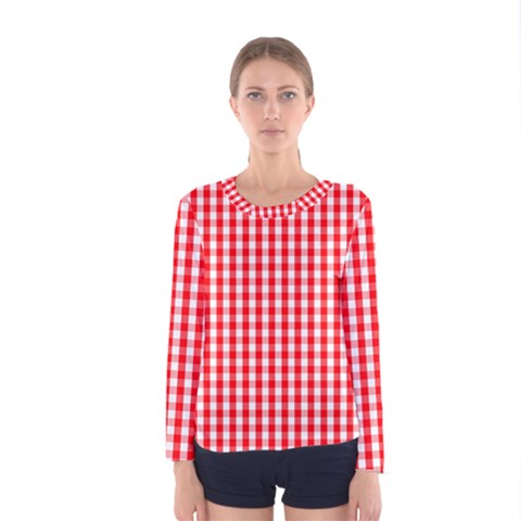 Christmas Red Velvet Large Gingham Check Plaid Pattern Women s Long Sleeve Tee by PodArtist