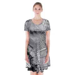 Fragmented Fractal Memories And Gunpowder Glass Short Sleeve V-neck Flare Dress by jayaprime