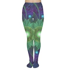 Glowing Blue-green Fractal Lotus Lily Pad Pond Women s Tights by jayaprime