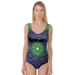 Glowing Blue-green Fractal Lotus Lily Pad Pond Princess Tank Leotard  by jayaprime