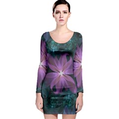 Pink And Turquoise Wedding Cremon Fractal Flowers Long Sleeve Bodycon Dress