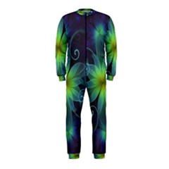 Blue And Green Fractal Flower Of A Stargazer Lily Onepiece Jumpsuit (kids) by jayaprime