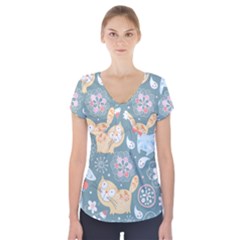 Cute Cat Background Pattern Short Sleeve Front Detail Top by BangZart