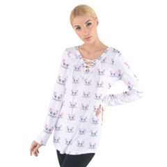 Pink Cute Cat Pattern Tie Up Tee by paulaoliveiradesign