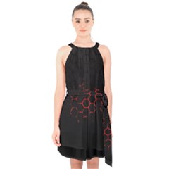 Abstract Pattern Honeycomb Halter Collar Waist Tie Chiffon Dress