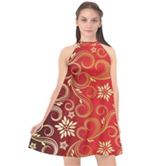 Golden Swirls Floral Pattern Halter Neckline Chiffon Dress 