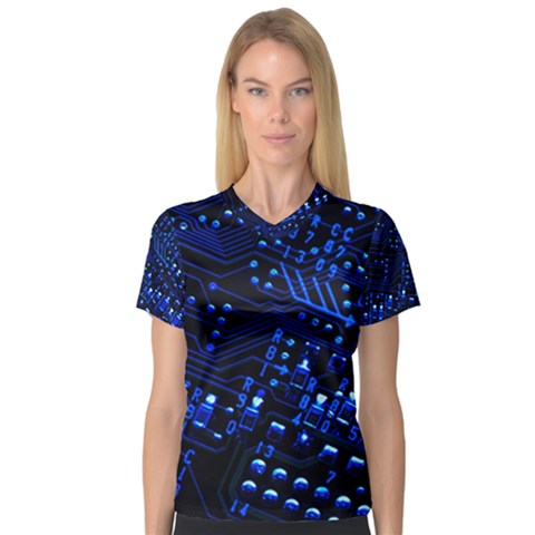 Blue Circuit Technology Image V-neck Sport Mesh Tee by BangZart