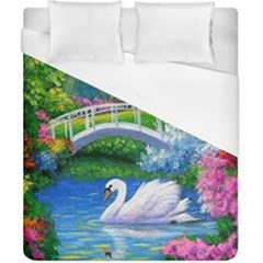 Swan Bird Spring Flowers Trees Lake Pond Landscape Original Aceo Painting Art Duvet Cover (california King Size) by BangZart