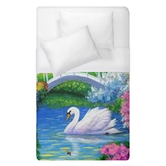 Swan Bird Spring Flowers Trees Lake Pond Landscape Original Aceo Painting Art Duvet Cover (single Size) by BangZart