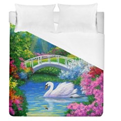 Swan Bird Spring Flowers Trees Lake Pond Landscape Original Aceo Painting Art Duvet Cover (queen Size) by BangZart