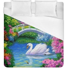 Swan Bird Spring Flowers Trees Lake Pond Landscape Original Aceo Painting Art Duvet Cover (king Size) by BangZart