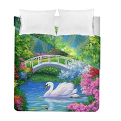 Swan Bird Spring Flowers Trees Lake Pond Landscape Original Aceo Painting Art Duvet Cover Double Side (full/ Double Size) by BangZart