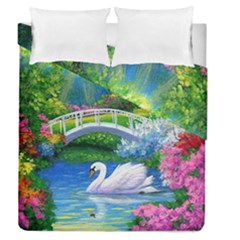 Swan Bird Spring Flowers Trees Lake Pond Landscape Original Aceo Painting Art Duvet Cover Double Side (queen Size) by BangZart