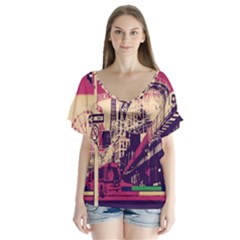 Pink City Retro Vintage Futurism Art Flutter Sleeve Top by BangZart