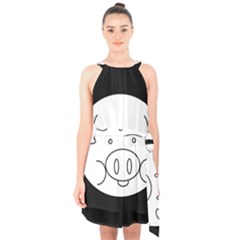 Pig Logo Halter Collar Waist Tie Chiffon Dress