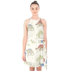 Dinosaur Art Pattern Halter Collar Waist Tie Chiffon Dress