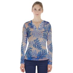 Fabric Embroidery Blue Texture V-neck Long Sleeve Top