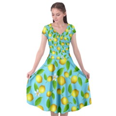 Lemon Pattern Cap Sleeve Wrap Front Dress