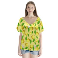 Lemon Pattern V-neck Flutter Sleeve Top by Valentinaart