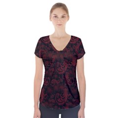 Dark Red Flourish Short Sleeve Front Detail Top by gatterwe