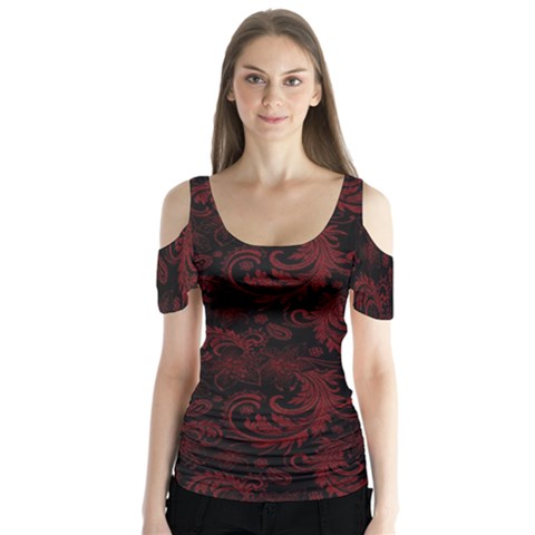 Dark Red Flourish Butterfly Sleeve Cutout Tee  by gatterwe