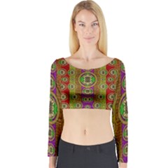 Rainbow Flowers In Heavy Metal And Paradise Namaste Style Long Sleeve Crop Top by pepitasart