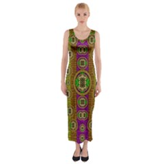 Rainbow Flowers In Heavy Metal And Paradise Namaste Style Fitted Maxi Dress by pepitasart