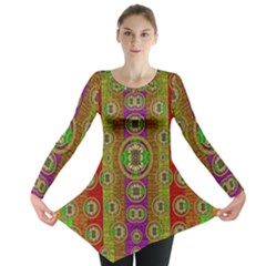 Rainbow Flowers In Heavy Metal And Paradise Namaste Style Long Sleeve Tunic  by pepitasart