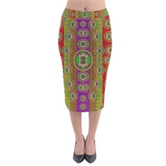 Rainbow Flowers In Heavy Metal And Paradise Namaste Style Velvet Midi Pencil Skirt by pepitasart