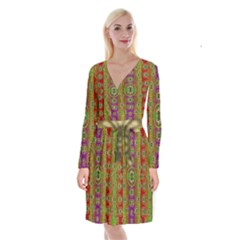 Rainbow Flowers In Heavy Metal And Paradise Namaste Style Long Sleeve Velvet Front Wrap Dress by pepitasart