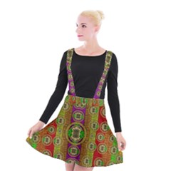 Rainbow Flowers In Heavy Metal And Paradise Namaste Style Suspender Skater Skirt by pepitasart