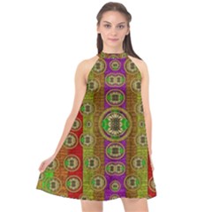 Rainbow Flowers In Heavy Metal And Paradise Namaste Style Halter Neckline Chiffon Dress  by pepitasart