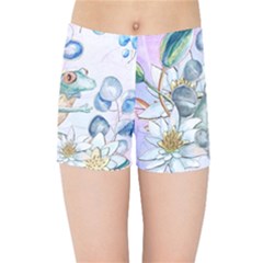 Funny, Cute Frog With Waterlily And Leaves Kids Sports Shorts