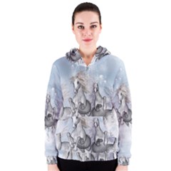 Awesome Running Horses In The Snow Women s Zipper Hoodie by FantasyWorld7