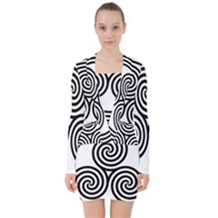 Triple Spiral Triskelion Black V-neck Bodycon Long Sleeve Dress by Mariart