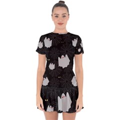 Spider Web And Ghosts Pattern Drop Hem Mini Chiffon Dress