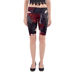 Awesmoe Black Horse With Flowers On Red Background Yoga Cropped Leggings by FantasyWorld7