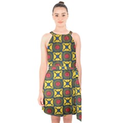 African Textiles Patterns Halter Collar Waist Tie Chiffon Dress by Mariart