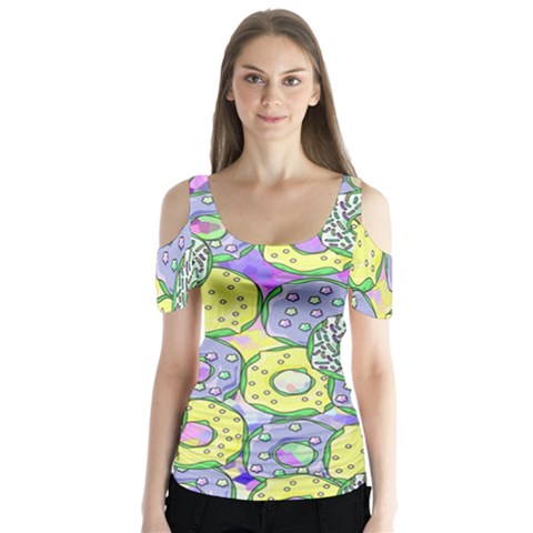 Donuts Pattern Butterfly Sleeve Cutout Tee  by ValentinaDesign