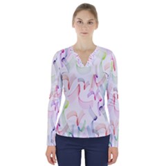 Rainbow Green Purple Pink Red Blue Pattern Zommed V-neck Long Sleeve Top