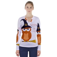 Halloween Orange Witch Owl V-neck Long Sleeve Top