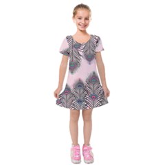 Peacock Feather Pattern Pink Love Heart Kids  Short Sleeve Velvet Dress by Mariart